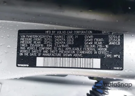 2016 Volvo Xc60 T5 Premier z USA, uszkodzony, nr VIN YV4612RKXG2811744